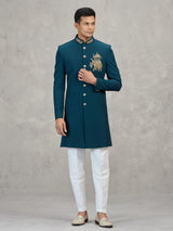 Teal blue terry rayon modern designer indowestern set