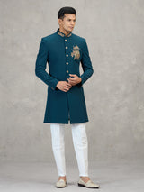 Teal blue terry rayon modern designer indowestern set