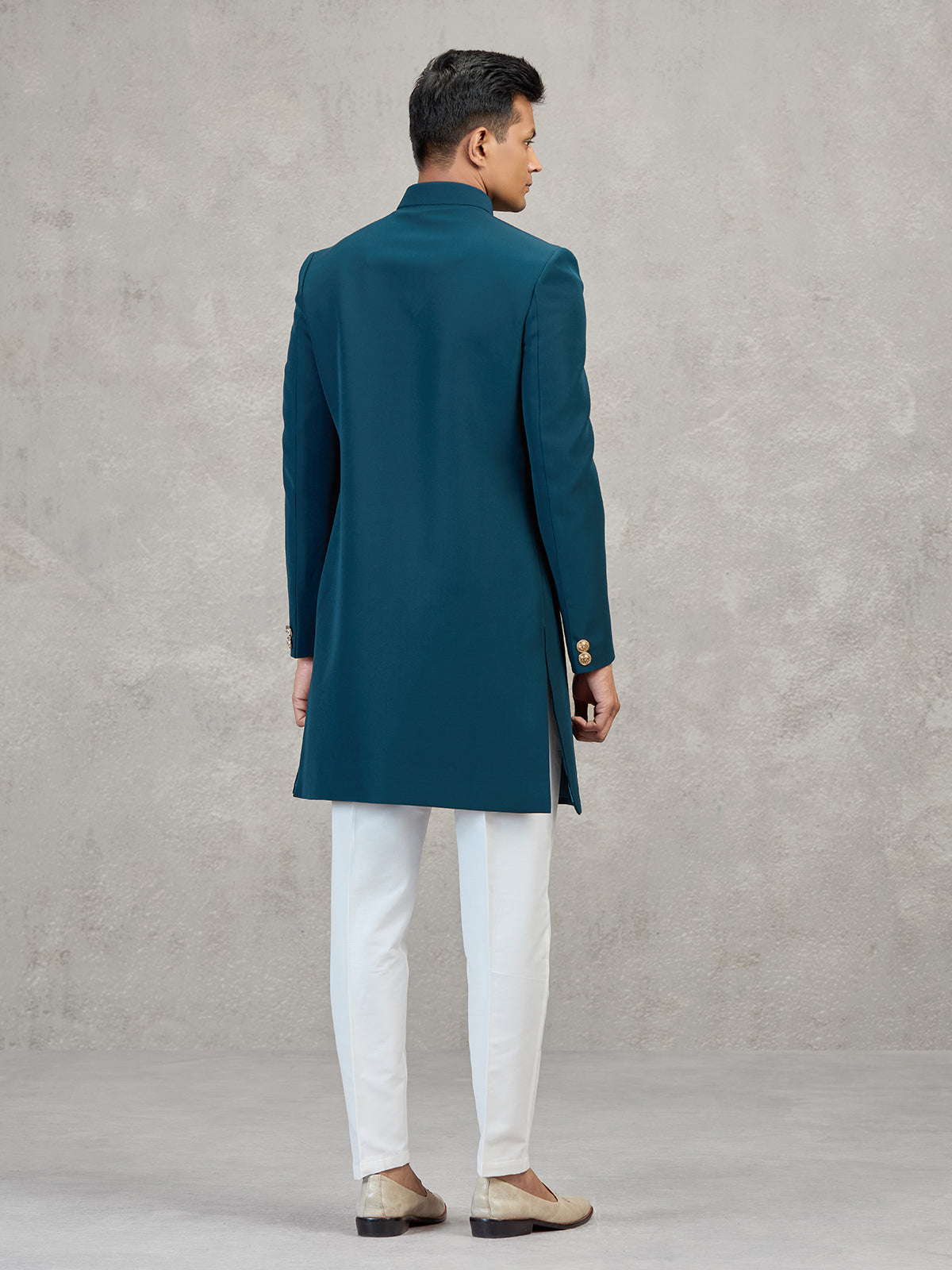 Teal blue terry rayon modern designer indowestern set