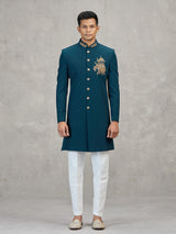 Teal blue terry rayon modern designer indowestern set