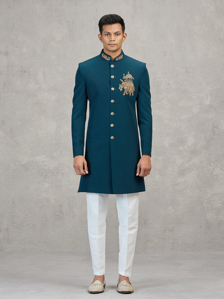 Teal blue terry rayon modern designer indowestern set
