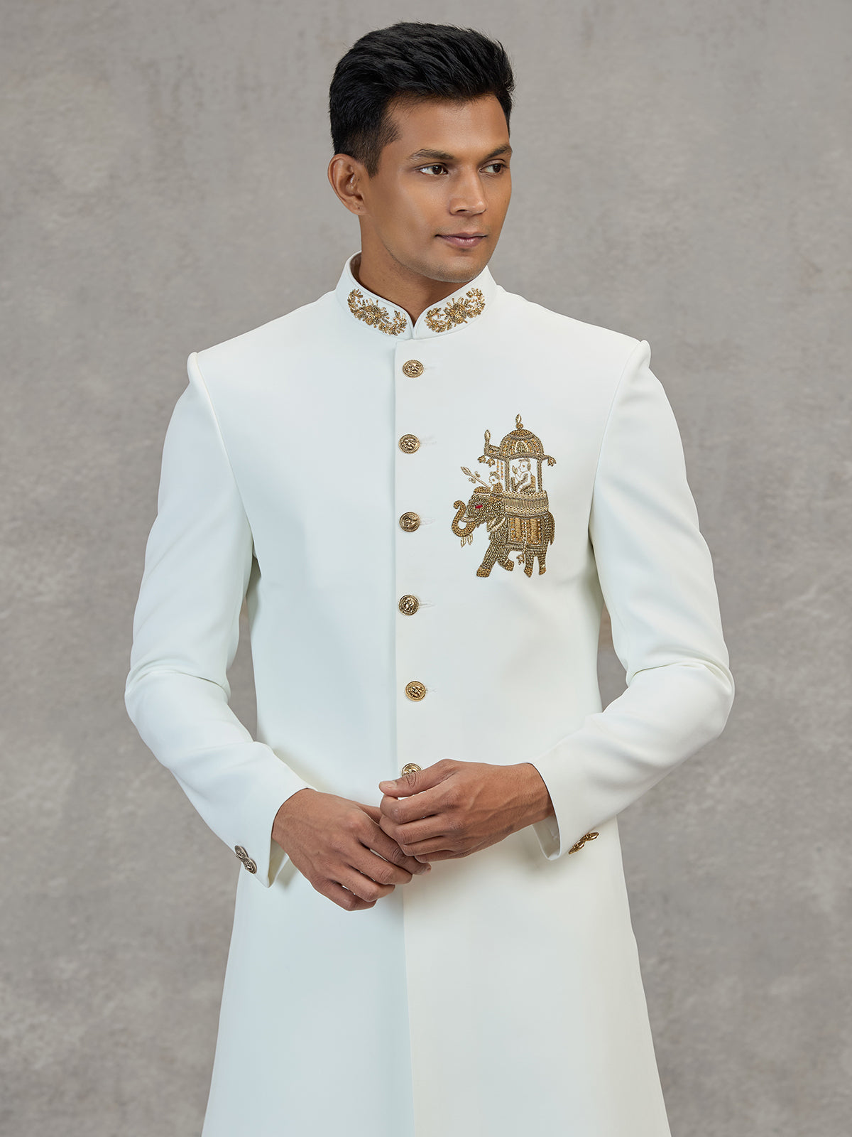 White terry rayon elegant wedding indowestern ensemble