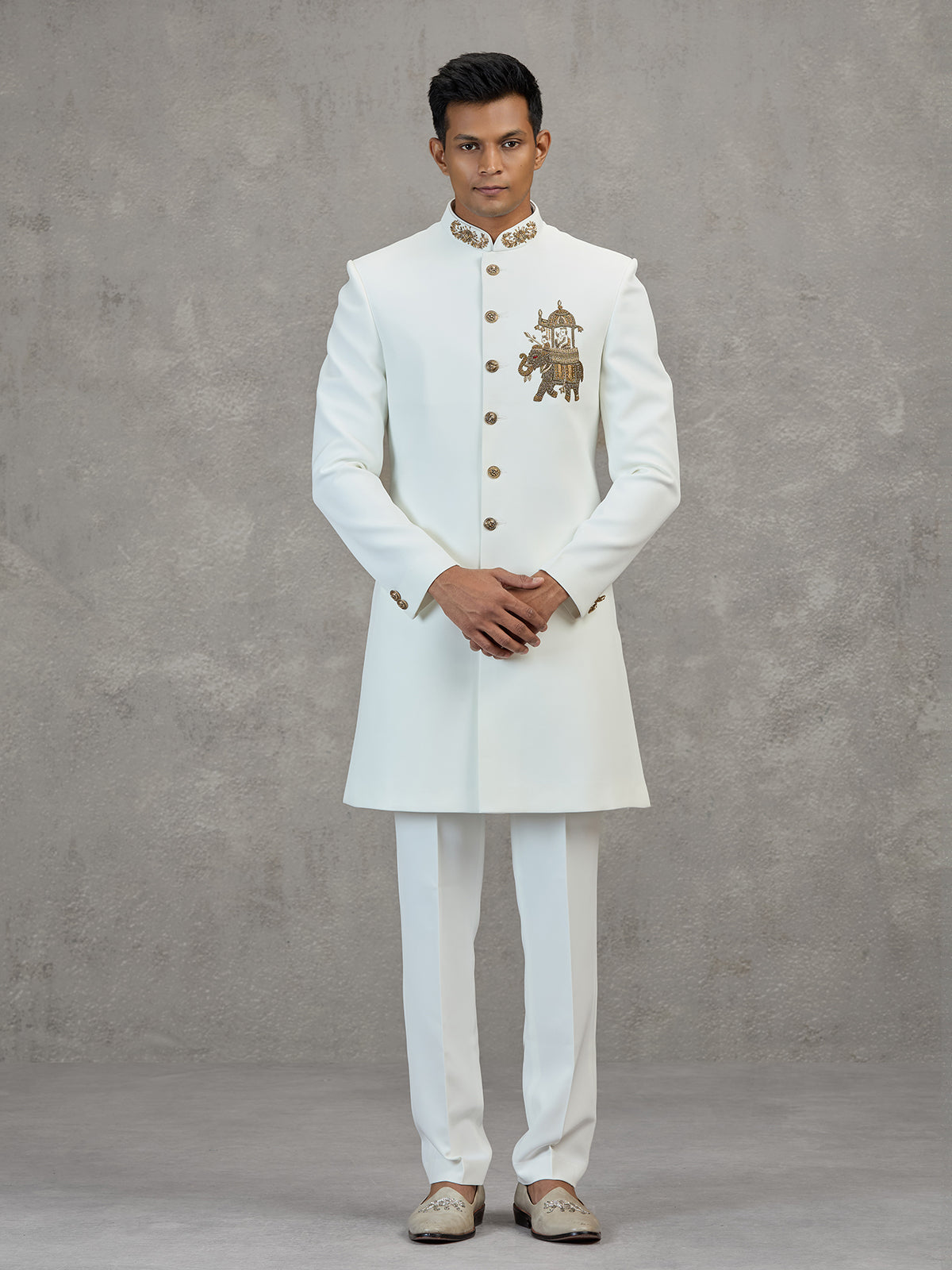 White terry rayon elegant wedding indowestern ensemble