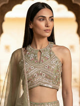 Pista green satin silk pearl festive palazzo suit