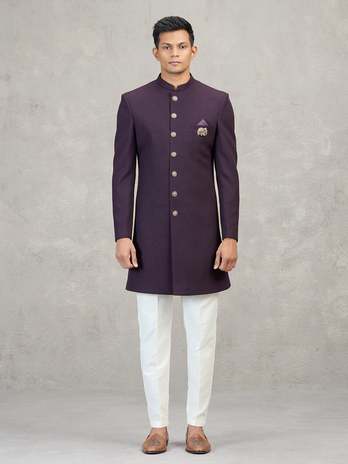 Wine jute elephant brooch occasion wear indowestern set