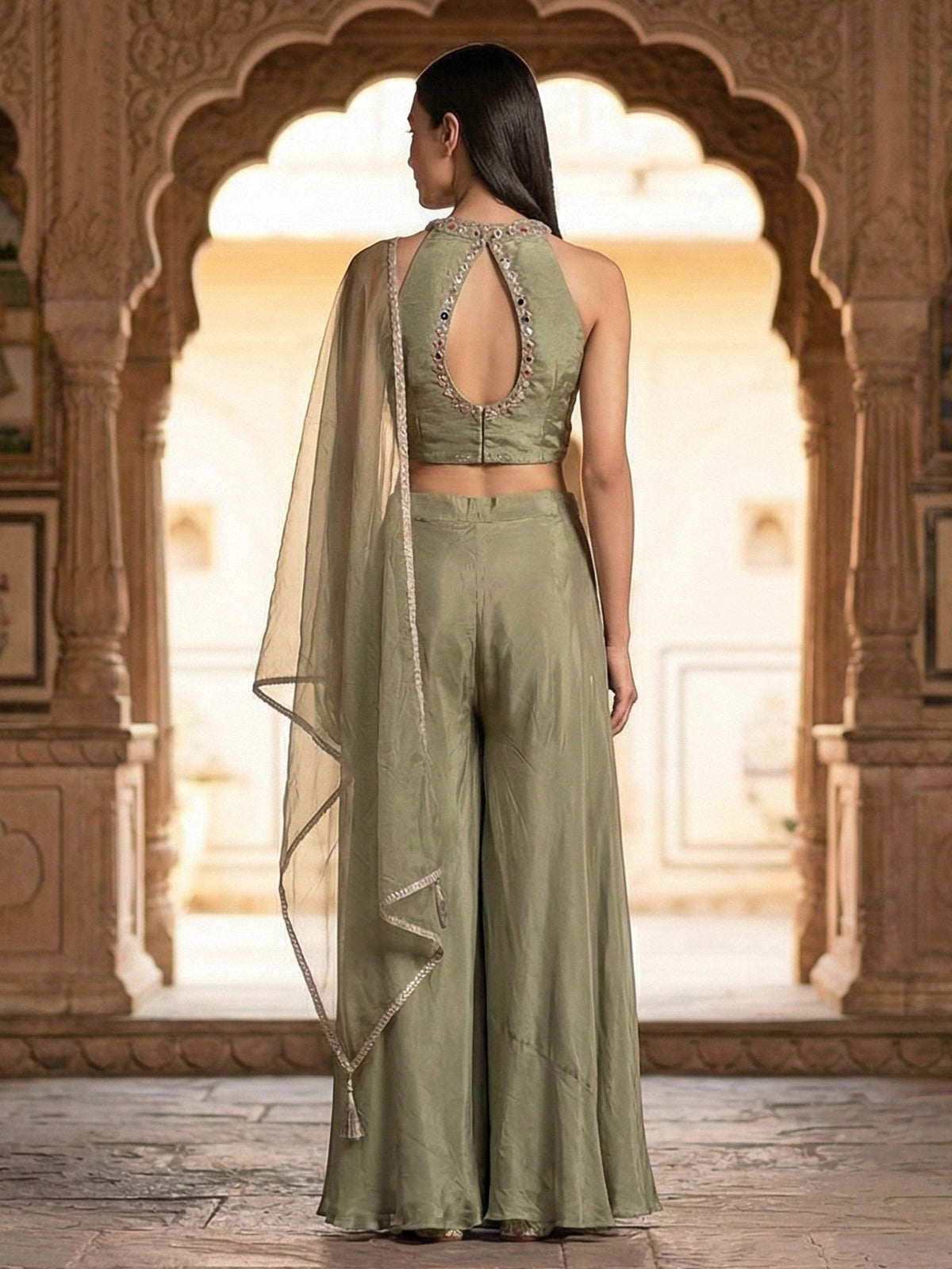 Pista green satin silk pearl festive palazzo suit