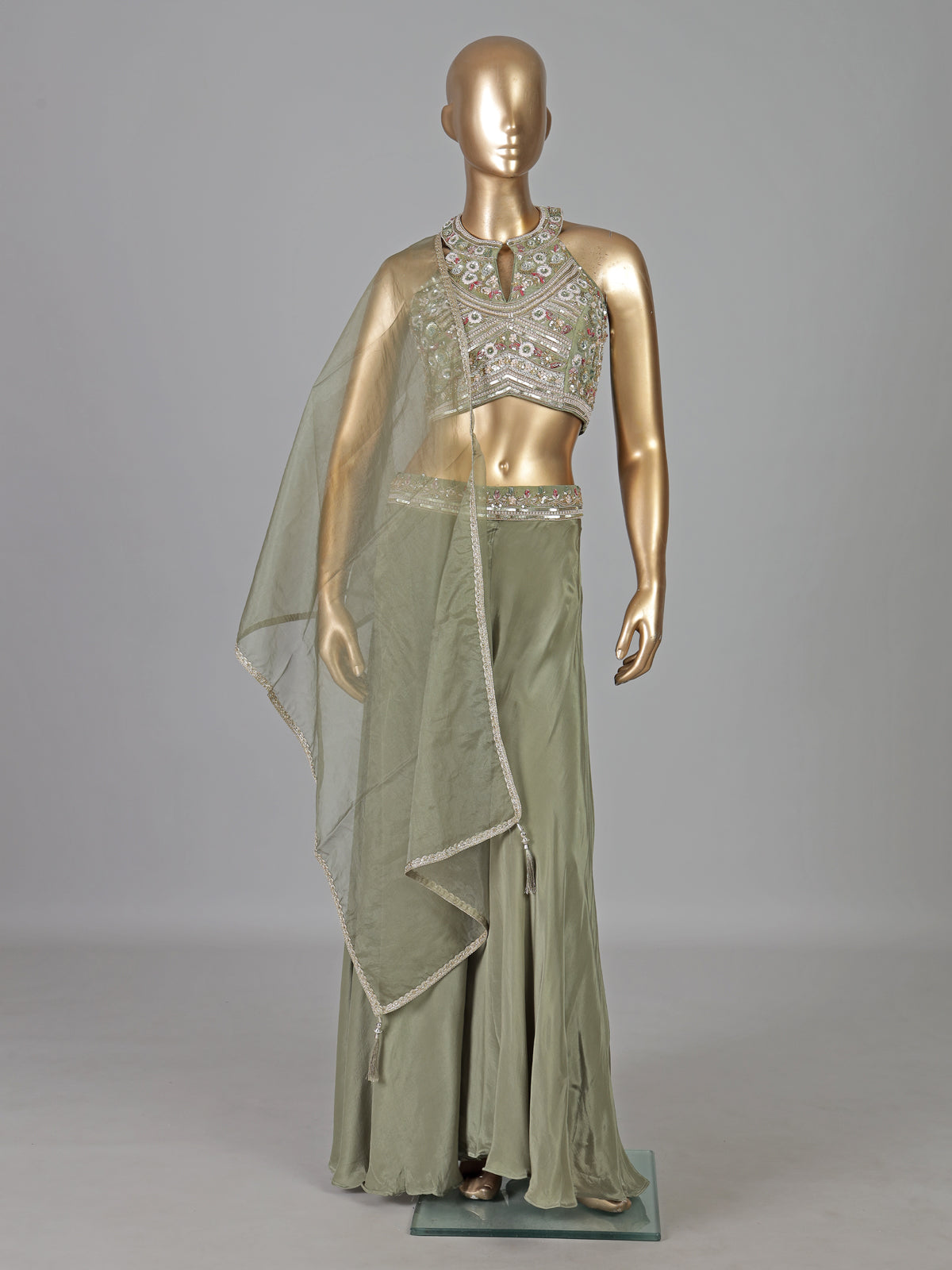 Pista green satin silk pearl festive palazzo suit