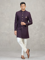 Wine jute elephant brooch occasion wear indowestern set