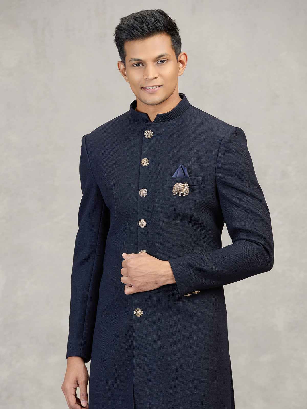 Navy blue jute elephant brooch celebration indowestern set
