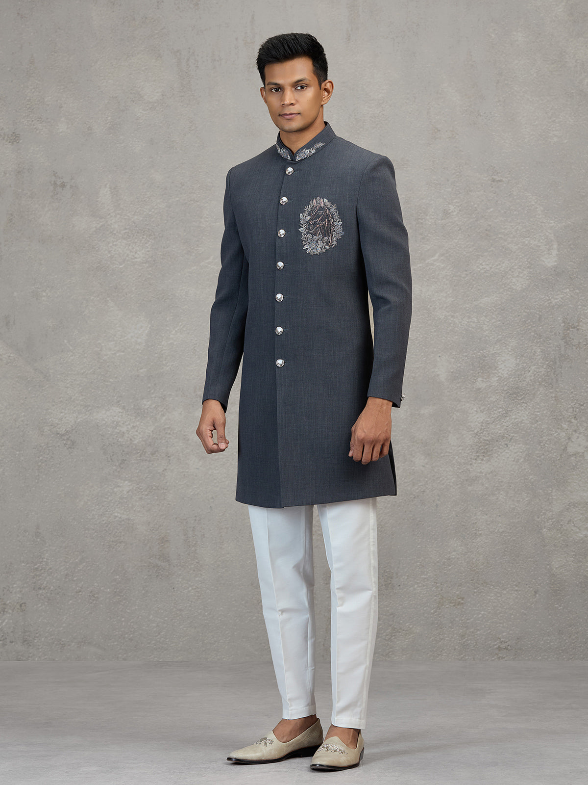 Grey terry rayon refined wedding indowestern ensemble