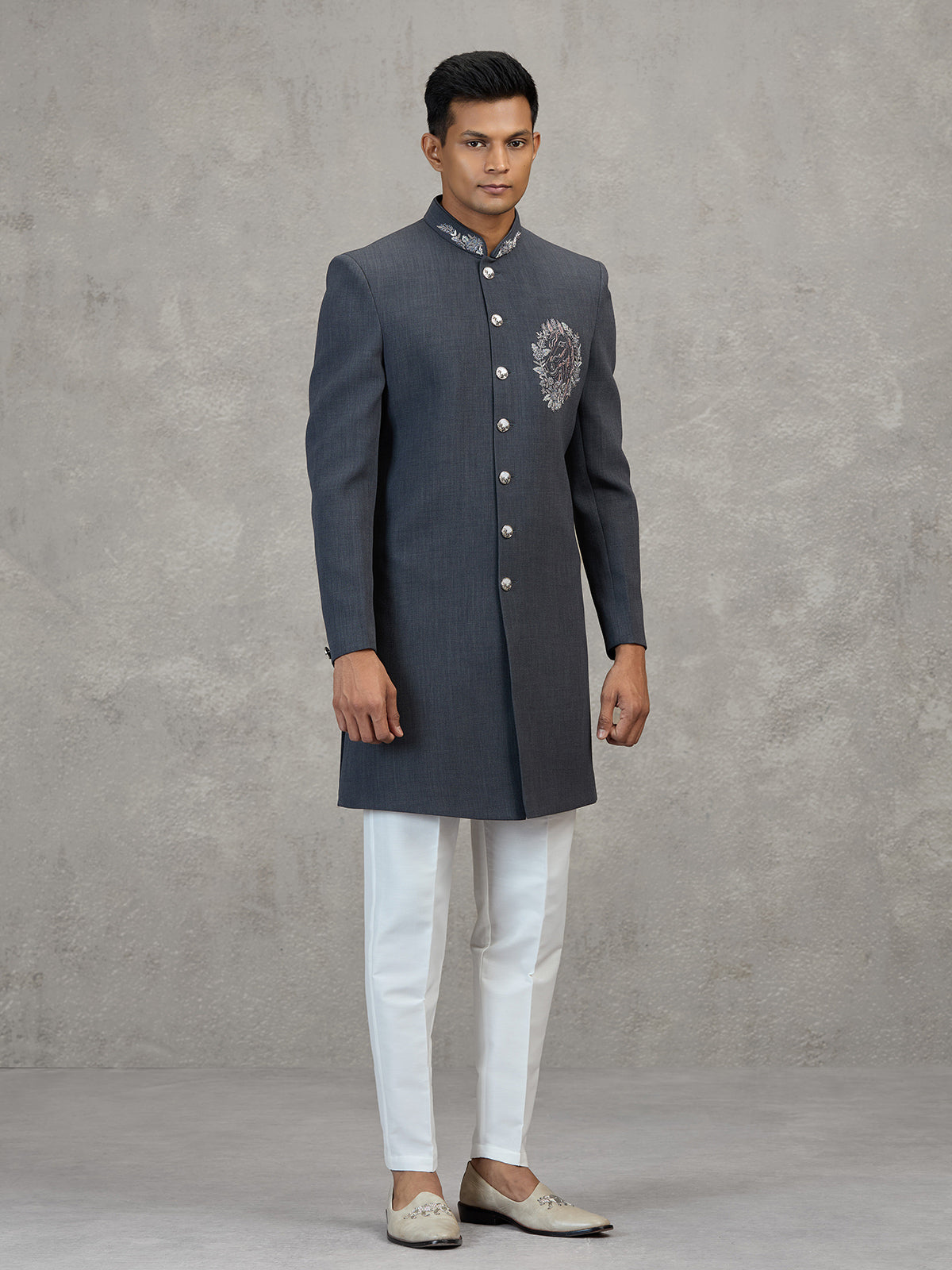 Grey terry rayon refined wedding indowestern ensemble
