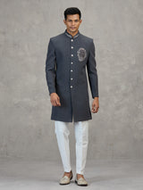 Grey terry rayon refined wedding indowestern ensemble