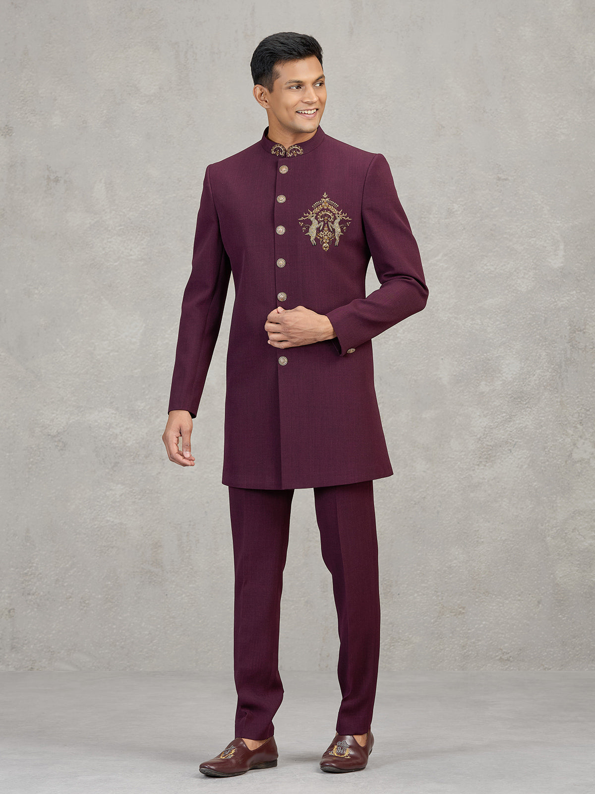 Maroon terry rayon elegant reception indowestern set