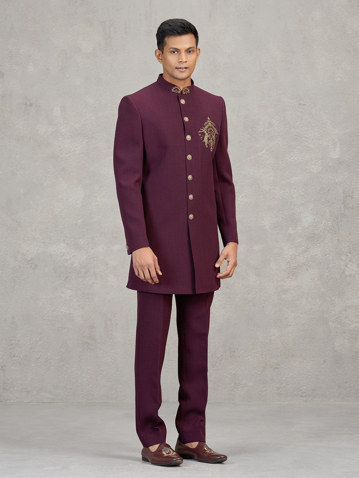 Maroon terry rayon elegant reception indowestern set