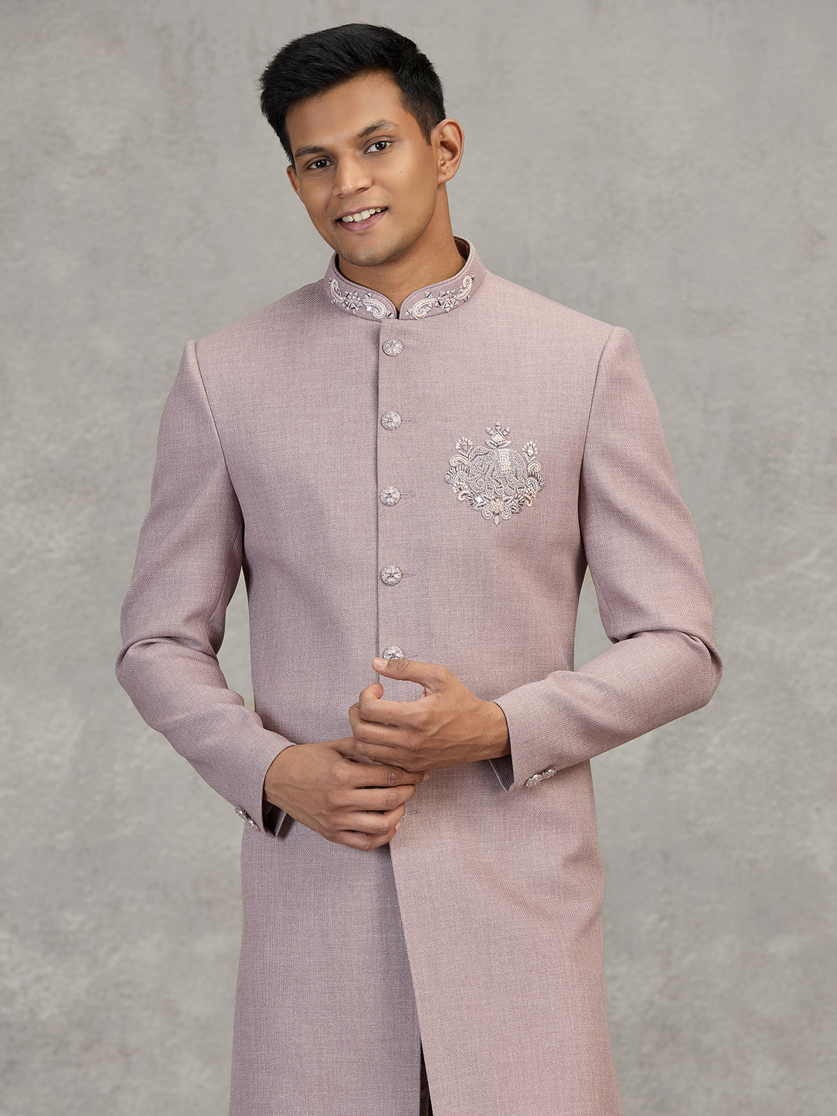 Pink jute elephant motif festive embellished indowestern set