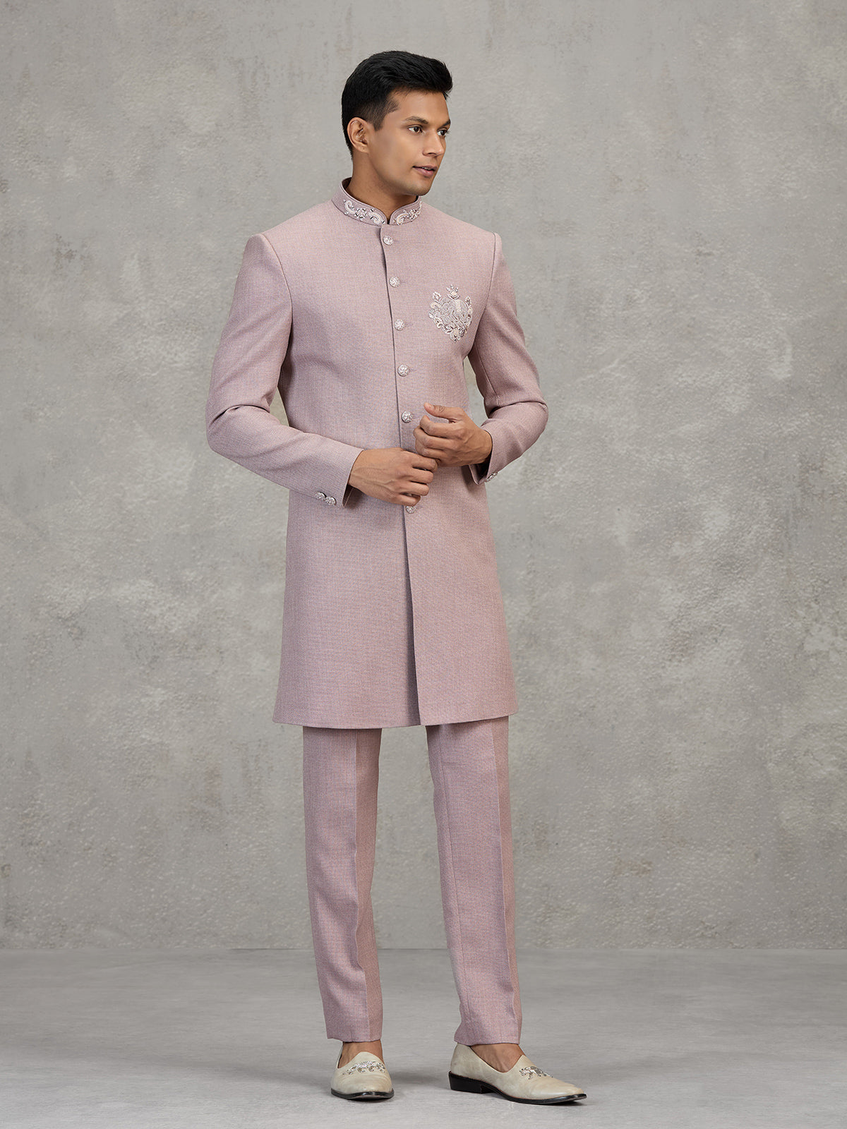 Pink jute elephant motif festive embellished indowestern set