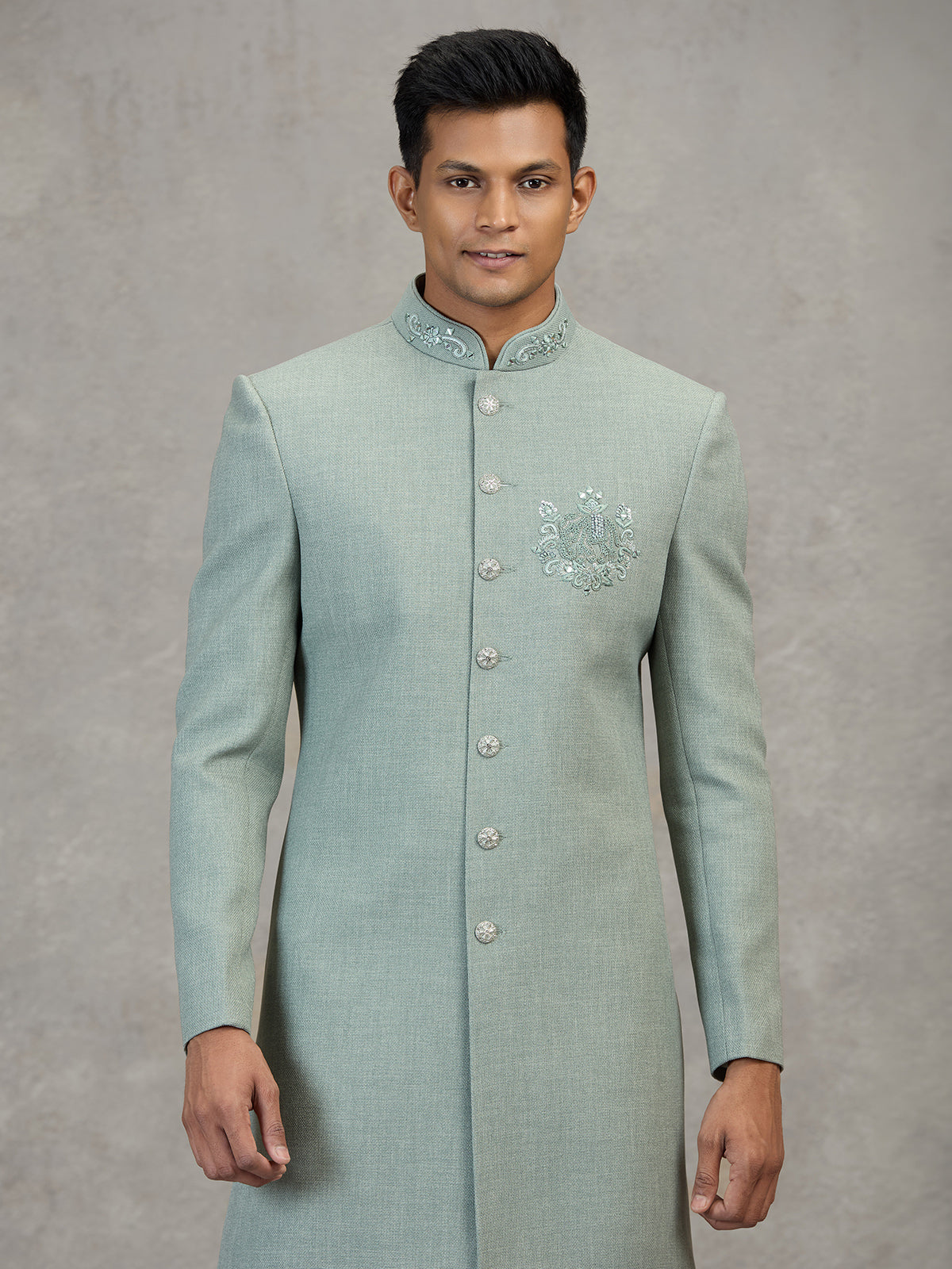 Pista green jute elephant motif celebration indowestern set