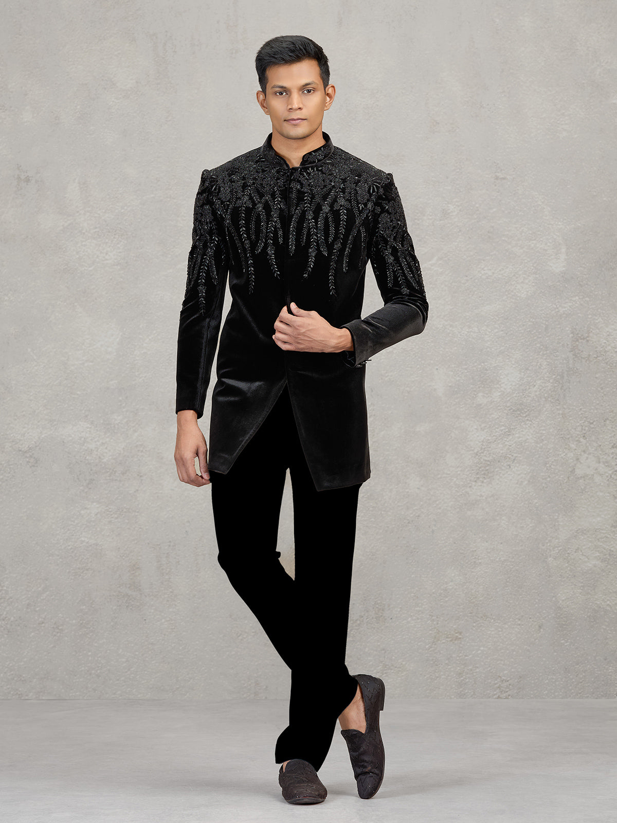 Black velvet indowestern set for party wear