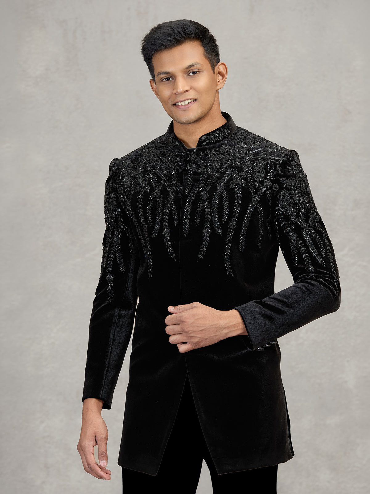 Black velvet indowestern set for party wear