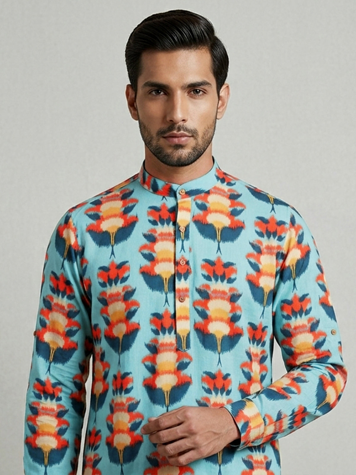 Sky blue cotton kurta with beautiful print for men