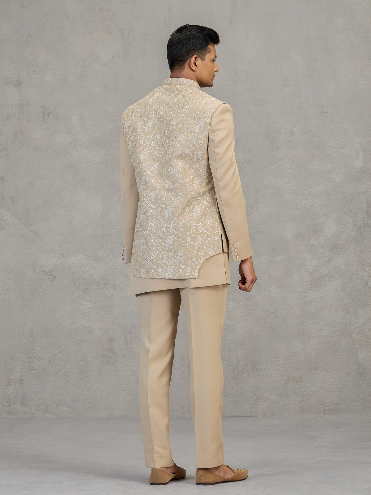 Gold terry rayon indowestern set with embroidery