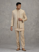 Gold terry rayon indowestern set with embroidery