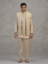 Gold terry rayon indowestern set with embroidery