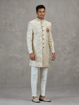 Beige textured jacquard indowestern set for reception celebration