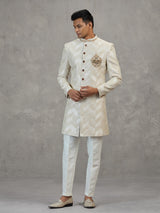 Beige textured jacquard indowestern set for reception celebration