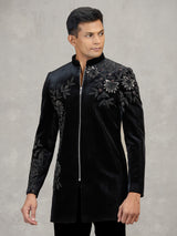 Black velvet indowestern set for reception wear