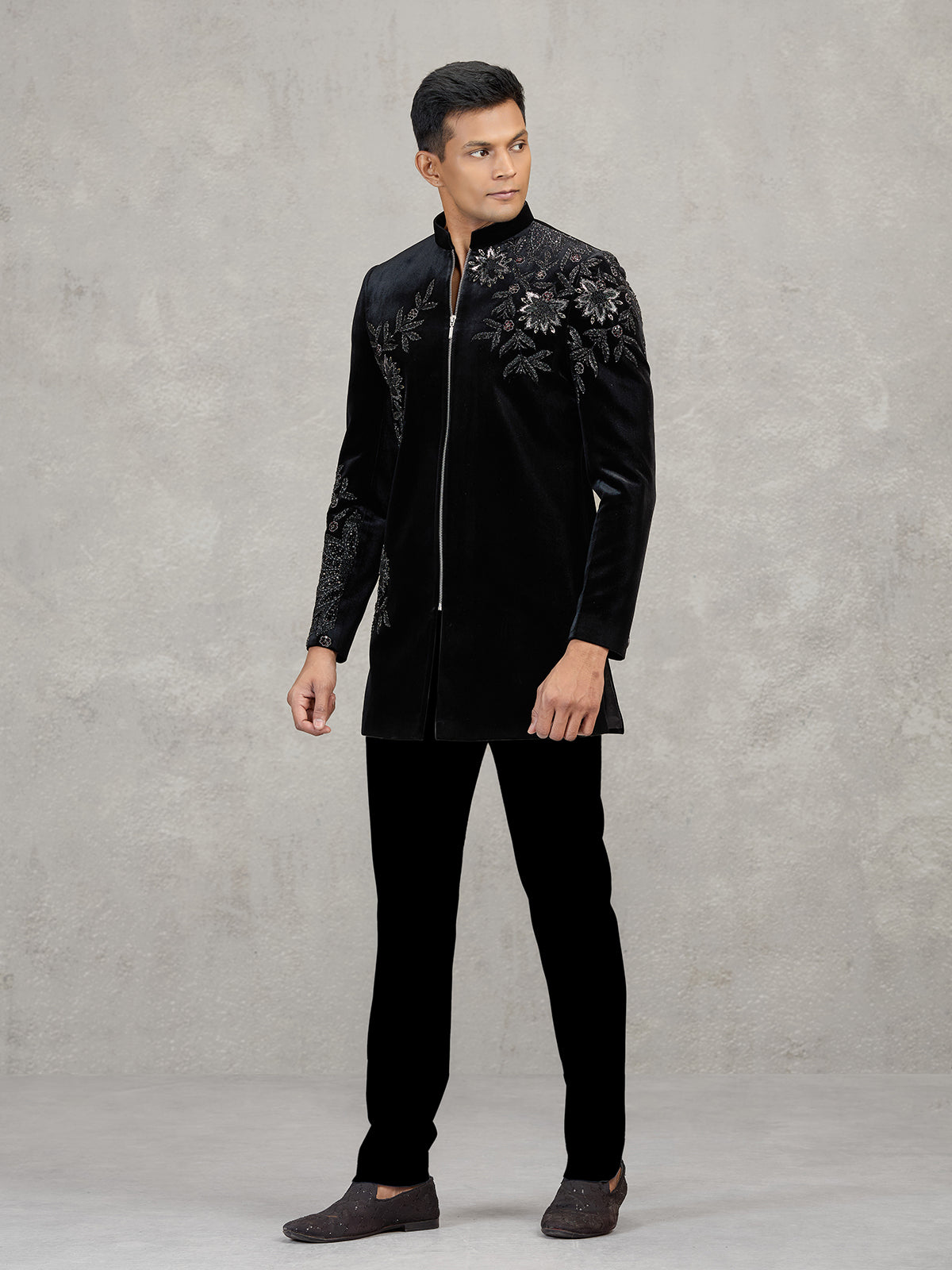 Black velvet indowestern set for reception wear
