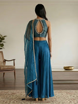 Blue crepe silk pearl and zardosi designer palazzo suit