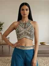 Blue crepe silk pearl and zardosi designer palazzo suit