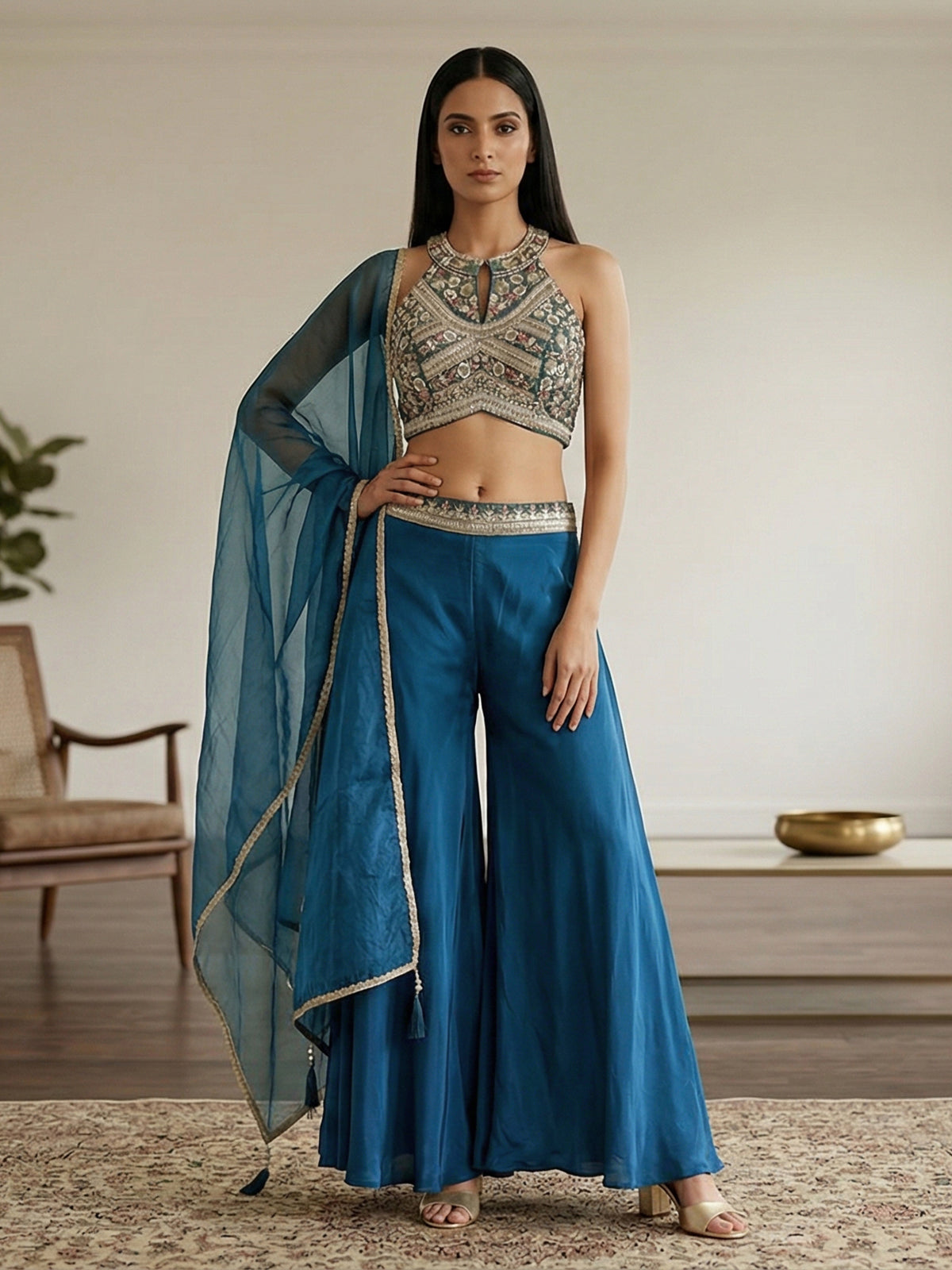 Blue crepe silk pearl and zardosi designer palazzo suit