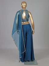 Blue crepe silk pearl and zardosi designer palazzo suit