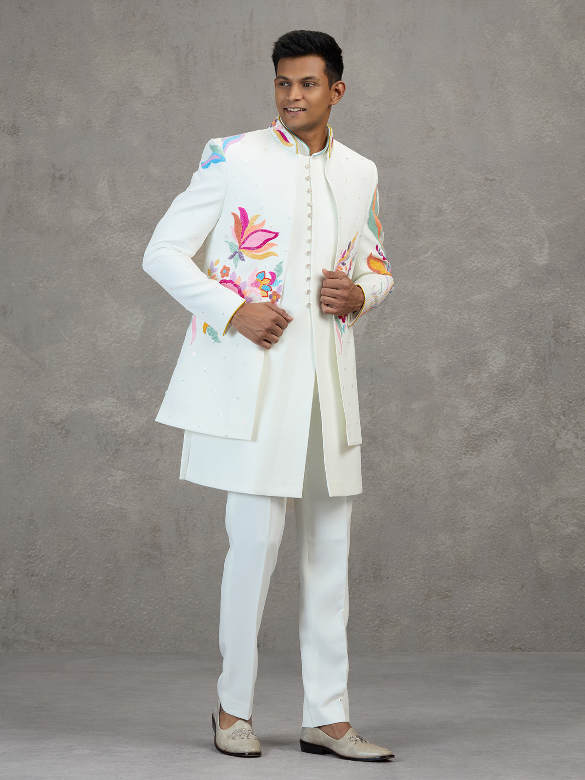 White terry rayon carnival style embellished indowestern set