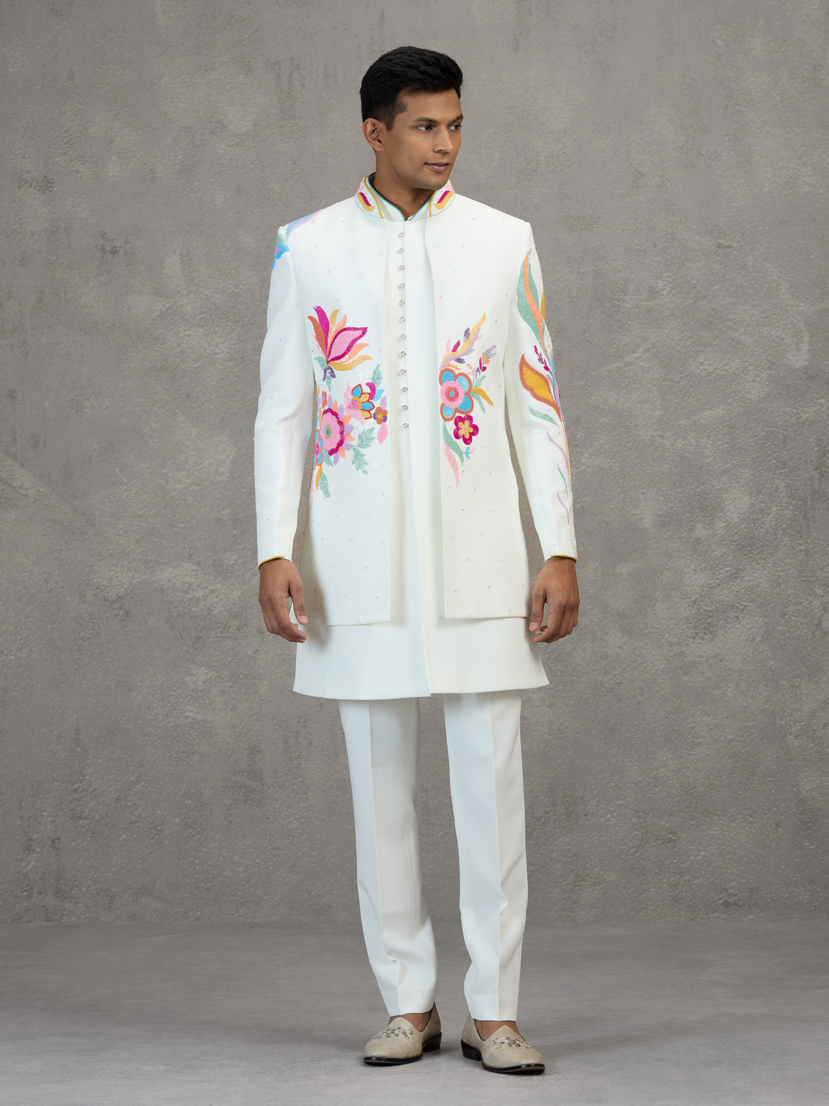 White terry rayon carnival style embellished indowestern set