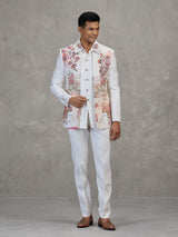 Off white linen carnival printed style indowestern set
