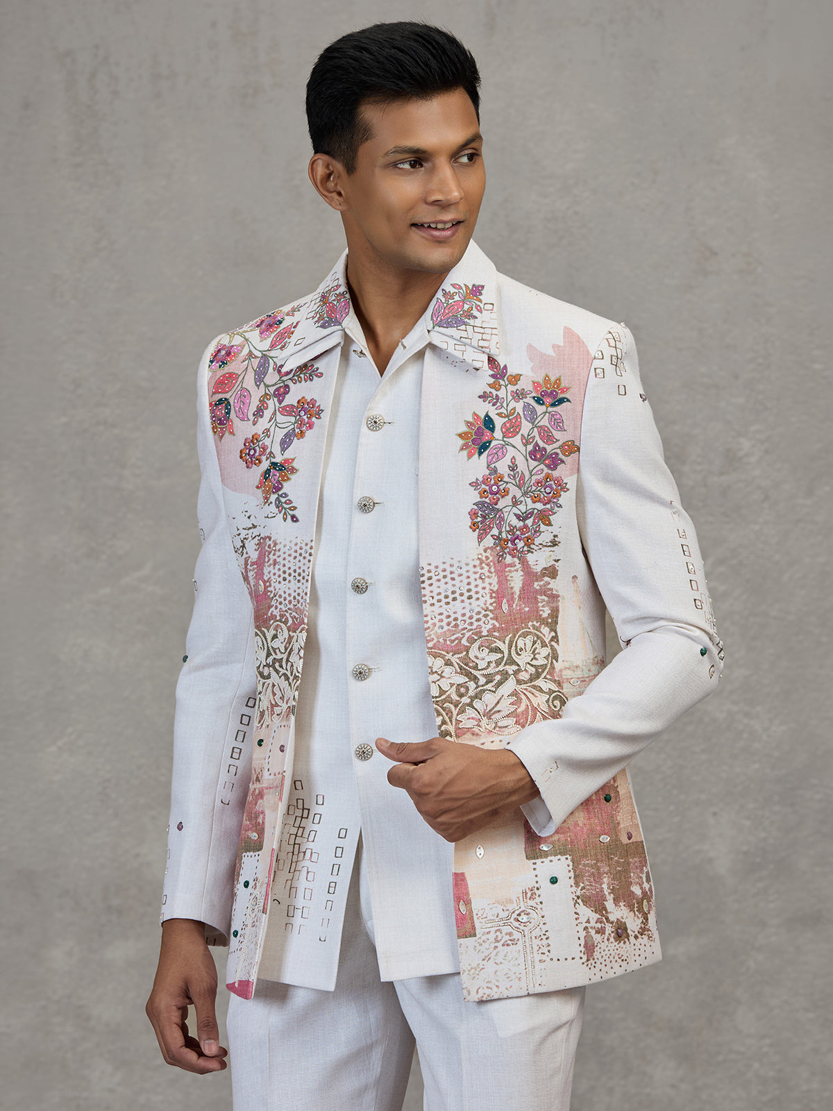 Off white linen carnival printed style indowestern set