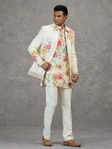 Cream jacquard carnival printed style indowestern set