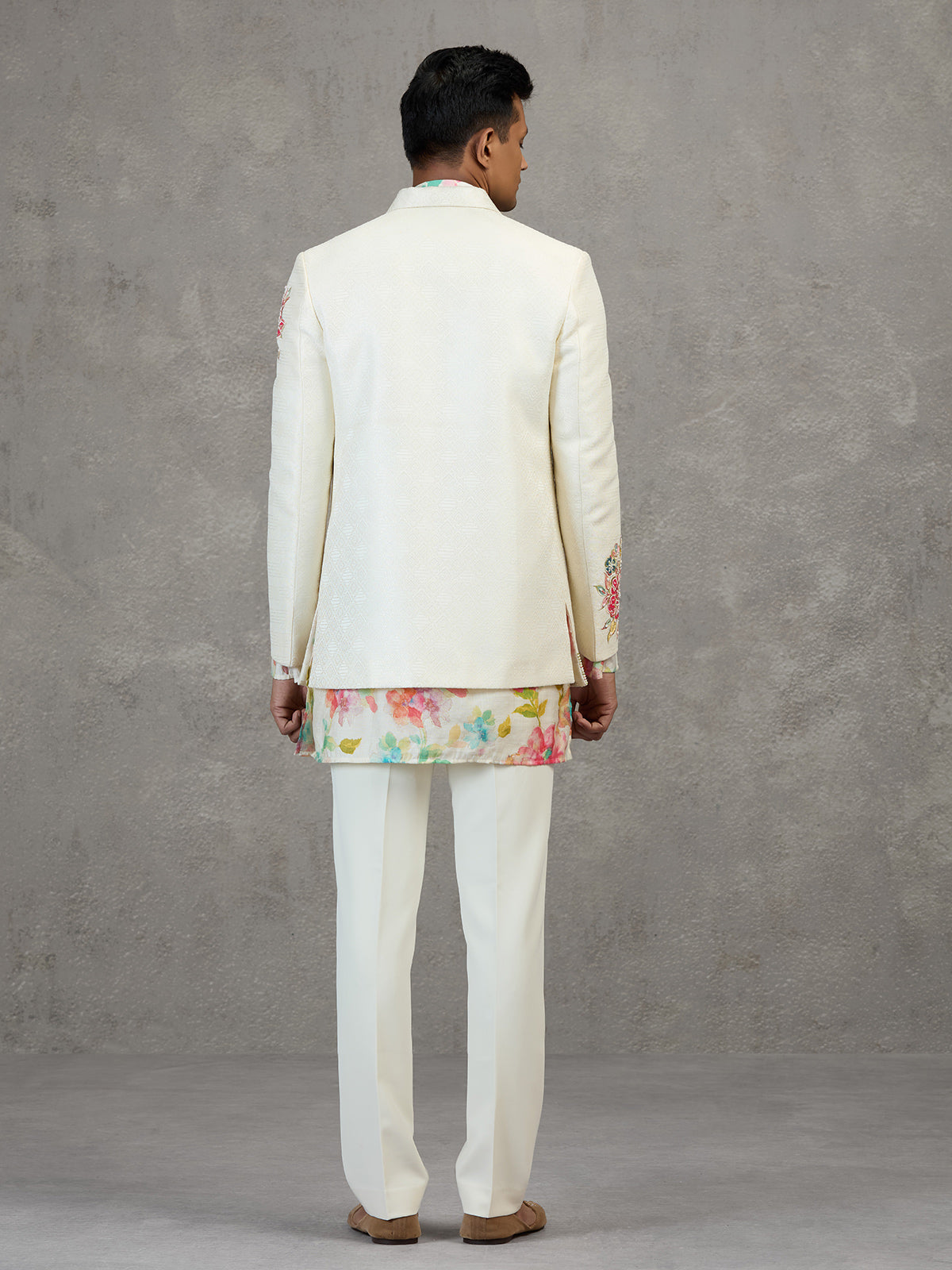 Cream jacquard carnival printed style indowestern set
