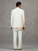 Cream jacquard carnival printed style indowestern set