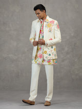 Cream jacquard carnival printed style indowestern set