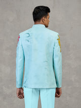 Aqua blue linen carnival printed style indowestern set