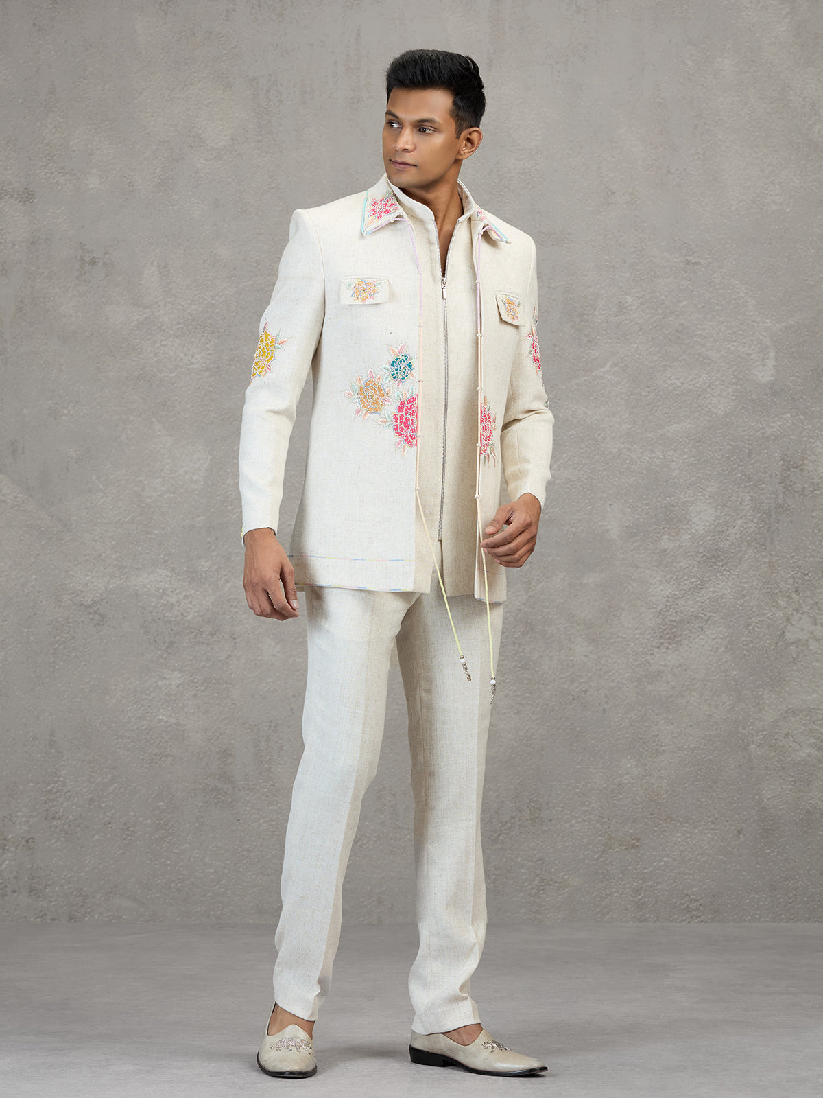 Off white linen designer carnival style indowestern set