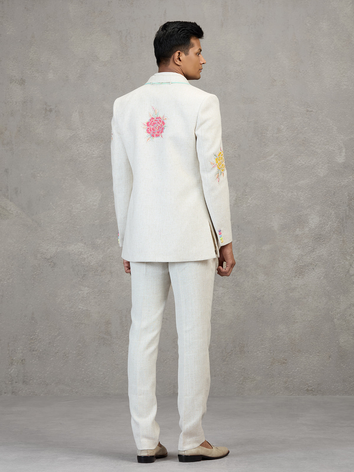 Off white linen designer carnival style indowestern set