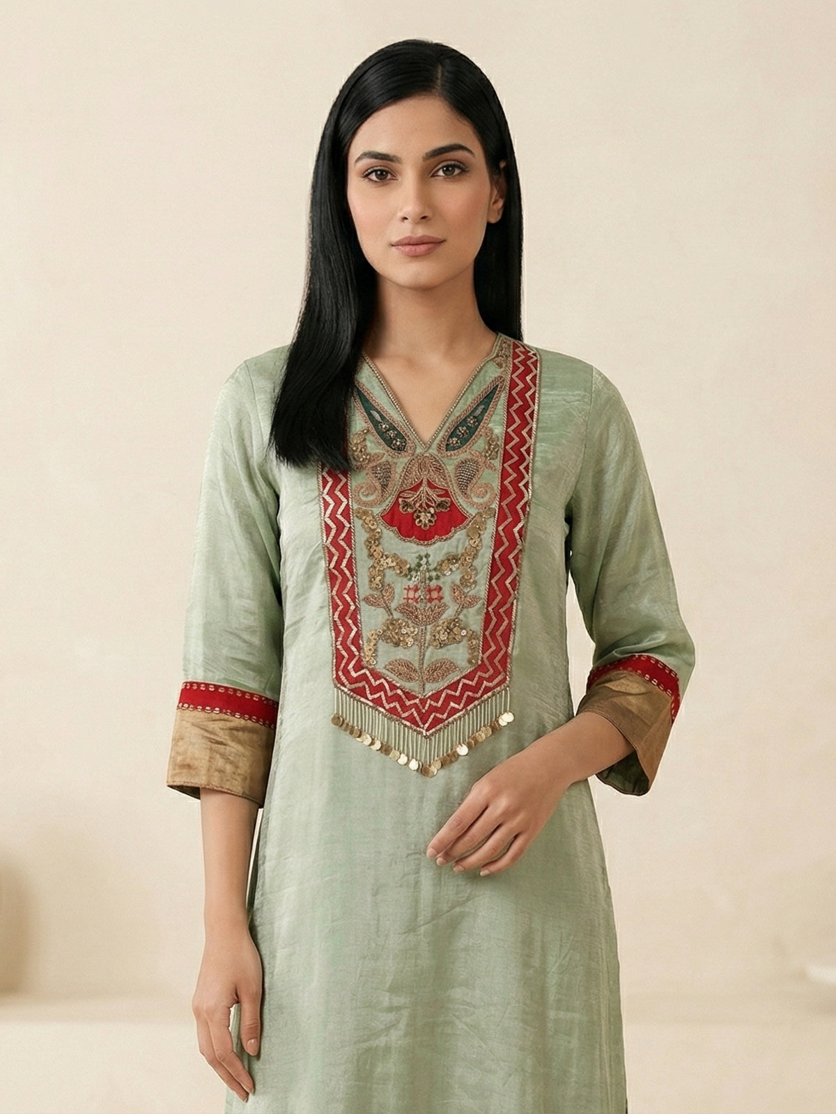 Pista green silk yoke style festive salwar suit