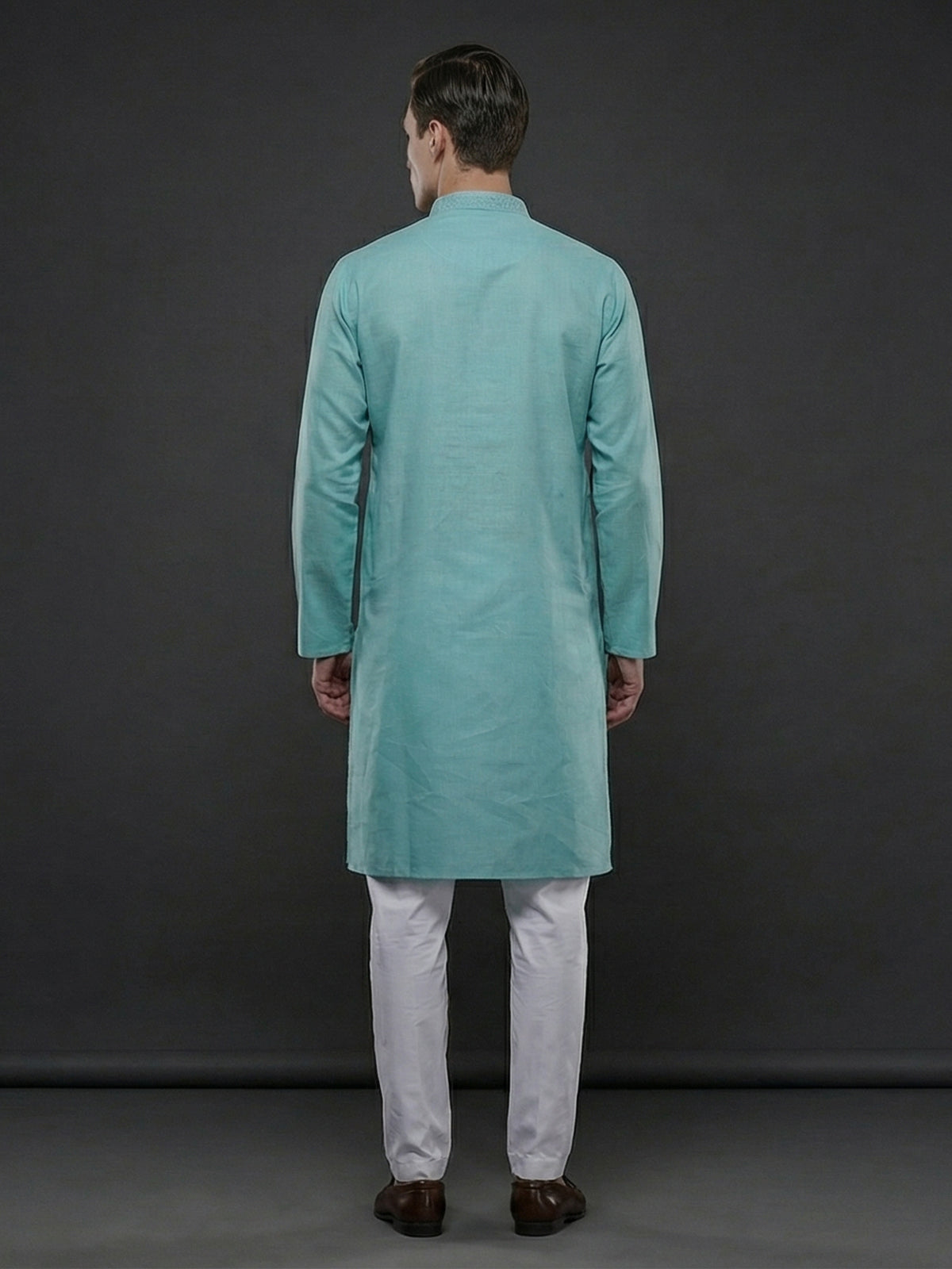 Aqua blue cotton linen thread work festive kurta suit