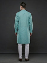 Aqua blue cotton linen thread work festive kurta suit