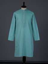 Aqua blue cotton linen thread work festive kurta suit